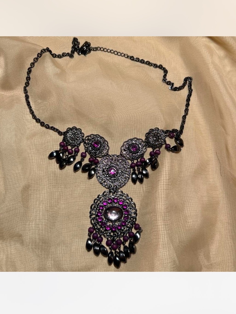 Women's Black Filigree Statement Necklace with Purple Accents